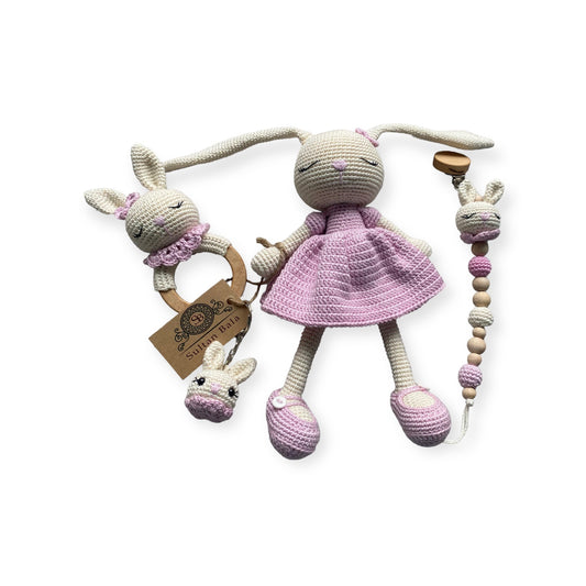 Amigurumi Pink Dress Bunny  Baby Set , 4 pcs  Rattle ,Pacifier and Key chain. New Born Gift Set, Crochets Sleeping Healty Amigurumi Toys
