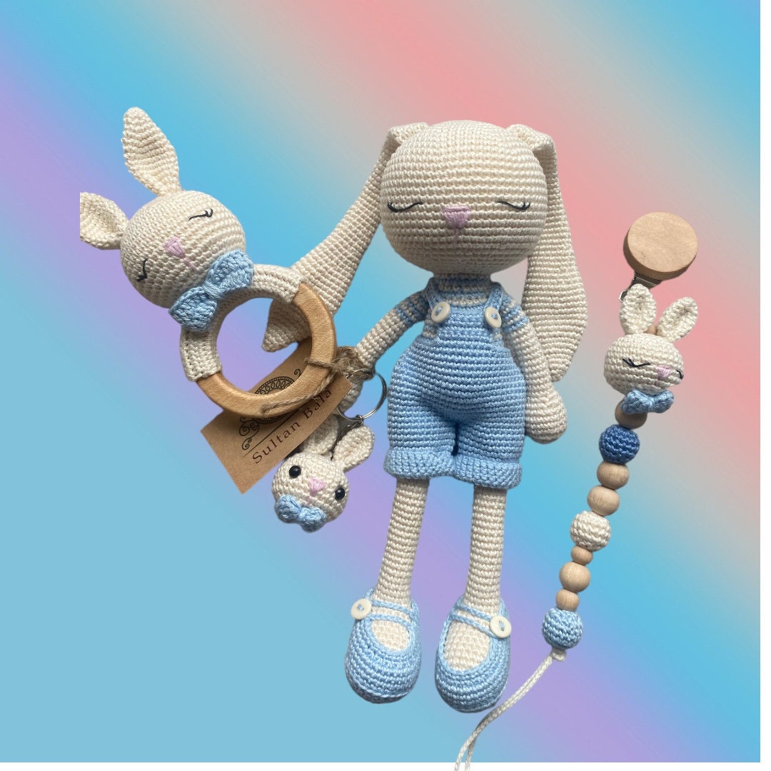 Amigurumi Rabbit  Blue Overalls Sleeping Set, 4 pcs, Toy, Rattle , Pacifier, Keychain  , Crochet Toy Baby  Rattle and Pacifier Holder Set