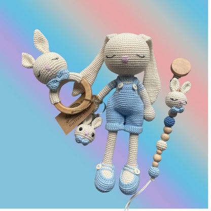 Amigurumi Rabbit  Blue Overalls Sleeping Set, 4 pcs, Toy, Rattle , Pacifier, Keychain  , Crochet Toy Baby  Rattle and Pacifier Holder Set