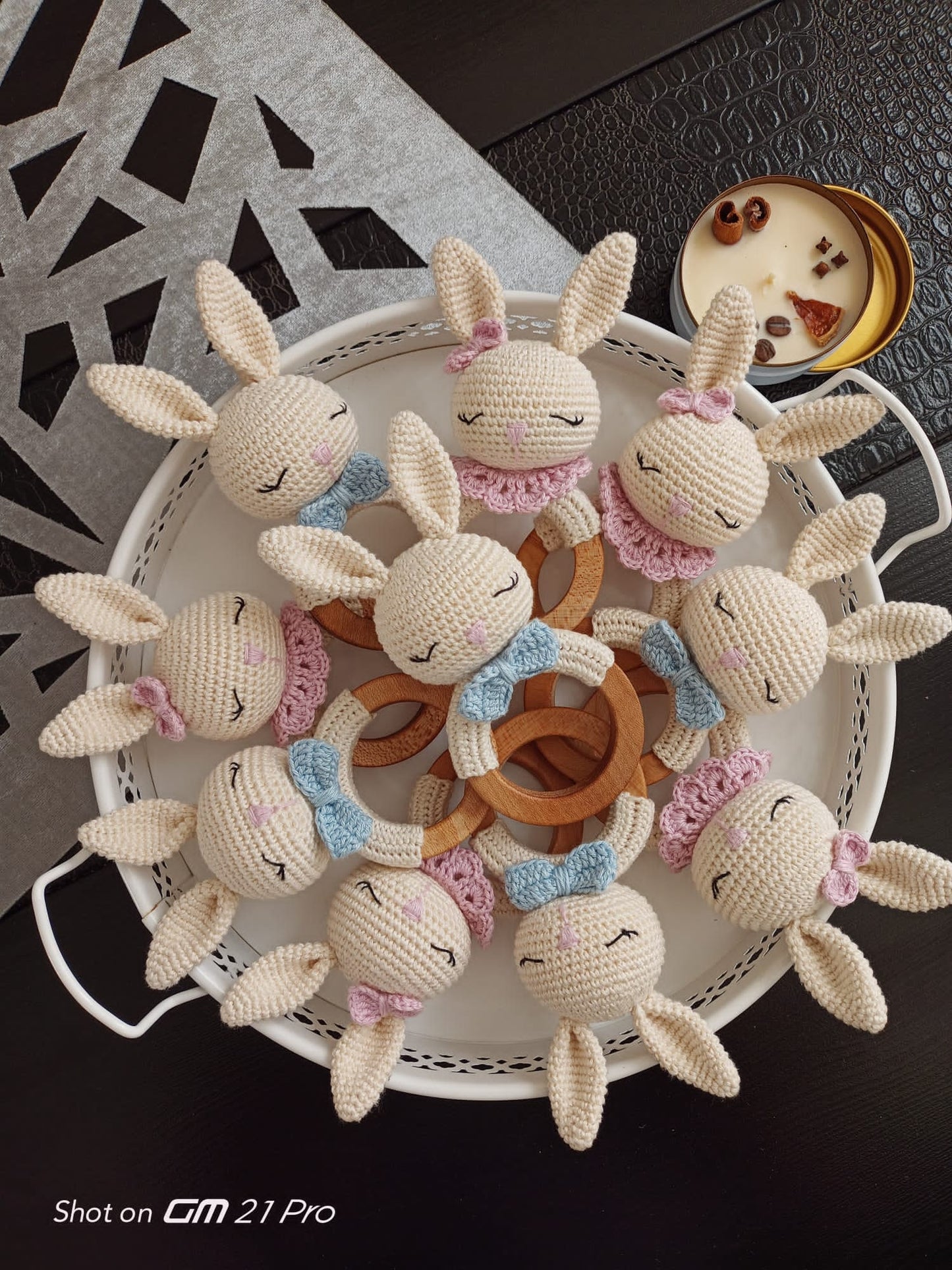 Amigurumi Rabbit  Blue Overalls Sleeping Set, 4 pcs, Toy, Rattle , Pacifier, Keychain  , Crochet Toy Baby  Rattle and Pacifier Holder Set