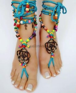 2 Pcs ( one per) Barefoot crochet sandals, Beach Sandals, Sandals for women, Boho sandals, Evil Eye Beaded Black barefoot, wedding Sandal