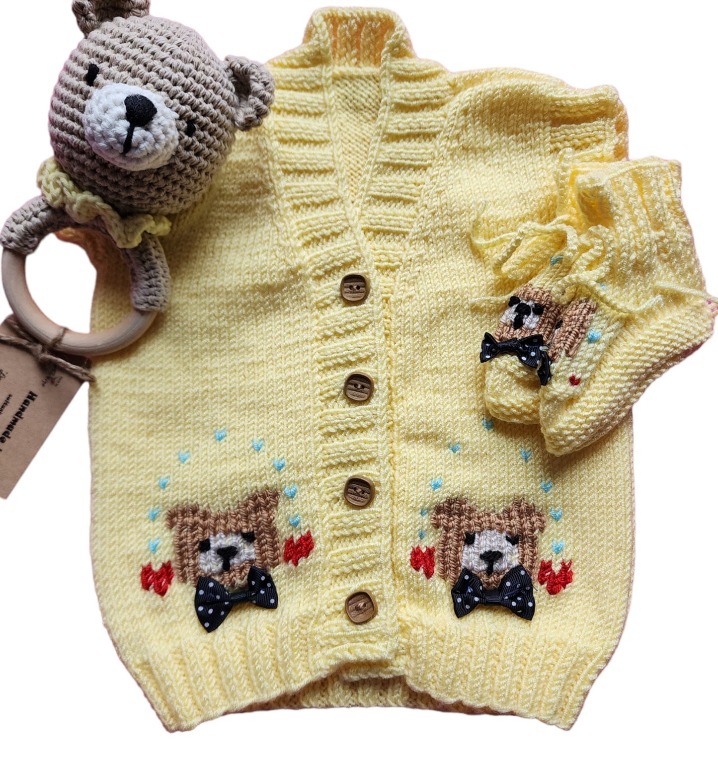 3 pcs Adorable Bear-Embroidered Yellow Knit Vest Set for Your Little One, Crochet Baby Vest Bear Set with boots and rattle..