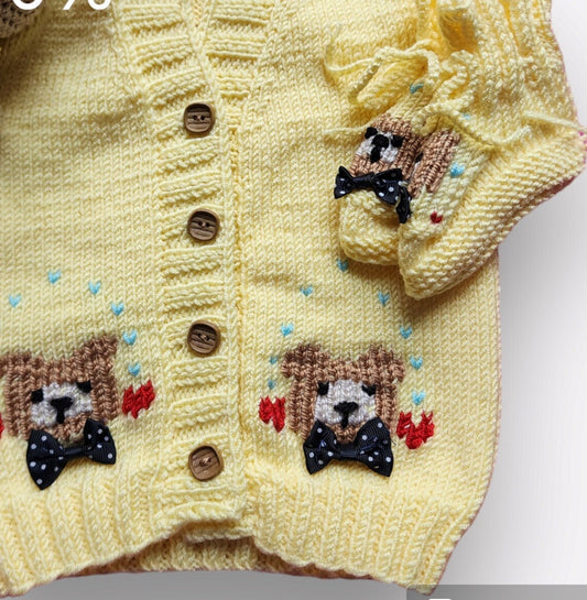 3 pcs Adorable Bear-Embroidered Yellow Knit Vest Set for Your Little One, Crochet Baby Vest Bear Set with boots and rattle..