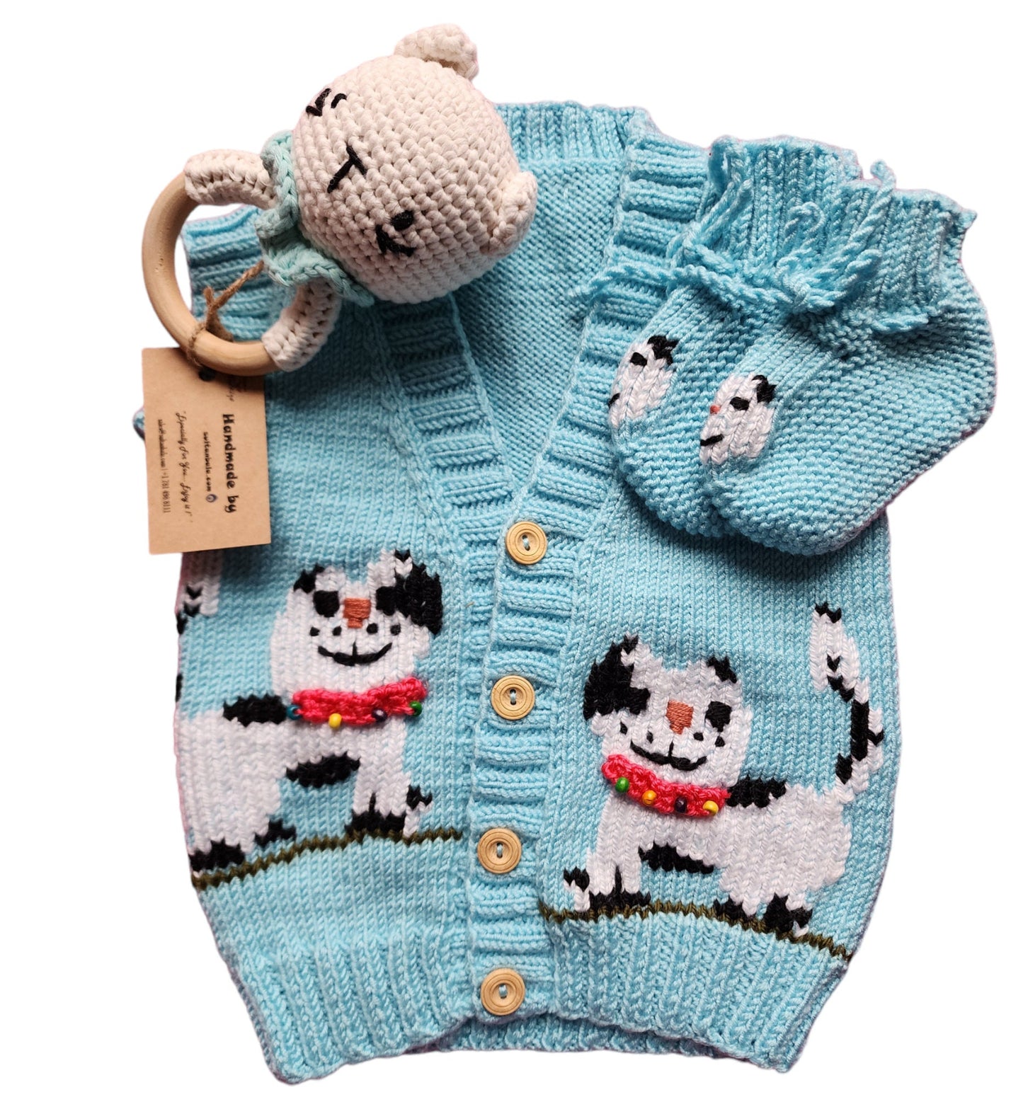 3 Pcs Blu Cat Design  Crochet Vest ,Boots And Cat Rattle, Knitting Baby Vest set , amigurumi Bear Rattle, Autumn baby outfit, 3-9 Monthly