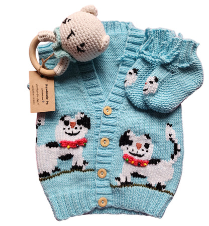 3 Pcs Blu Cat Design  Crochet Vest ,Boots And Cat Rattle, Knitting Baby Vest set , amigurumi Bear Rattle, Autumn baby outfit, 3-9 Monthly