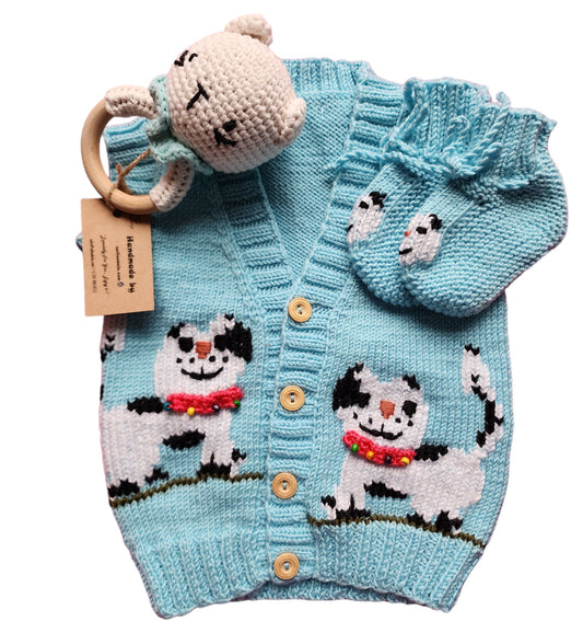3 Pcs Blu Cat Design  Crochet Vest ,Boots And Cat Rattle, Knitting Baby Vest set , amigurumi Bear Rattle, Autumn baby outfit, 3-9 Monthly