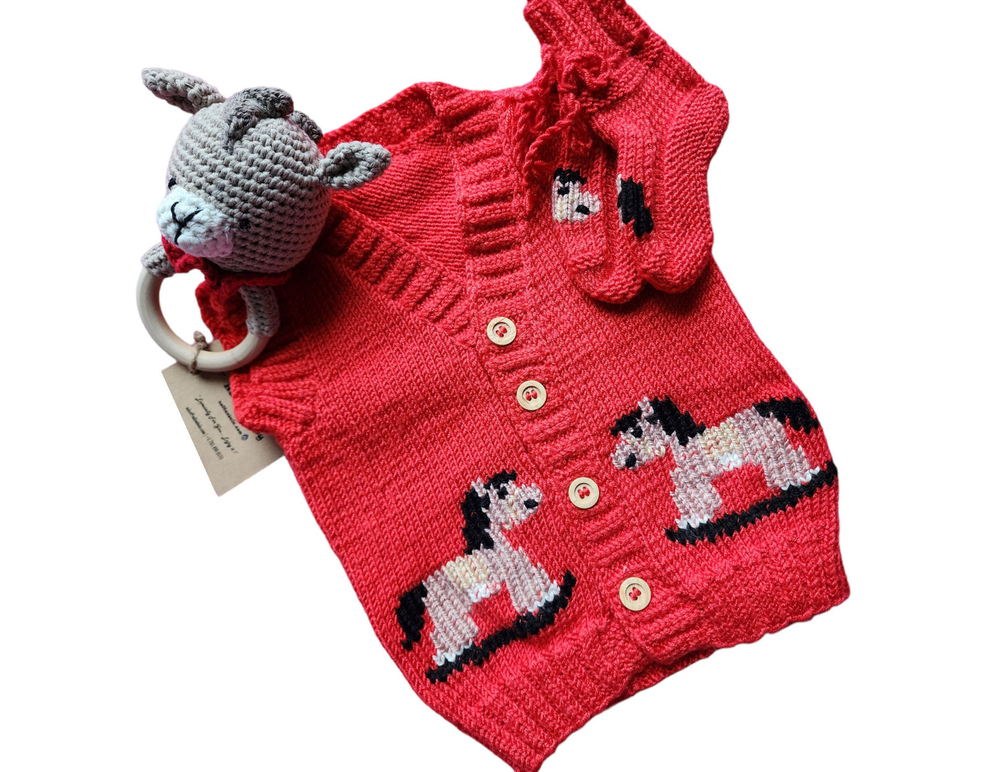 3 Pcs Cute Horse  Design Red  Crochet Vest ,Boots And Horse Rattle, Knitting Baby Vest set , amigurumi horse Rattle, Autumn baby outfit,6-9M