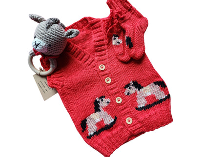 3 Pcs Cute Horse  Design Red  Crochet Vest ,Boots And Horse Rattle, Knitting Baby Vest set , amigurumi horse Rattle, Autumn baby outfit,6-9M