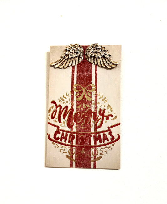 Wood Painting Handmade Wall Board Merry Christmas with Angel Wings, Wooden Wall Decor