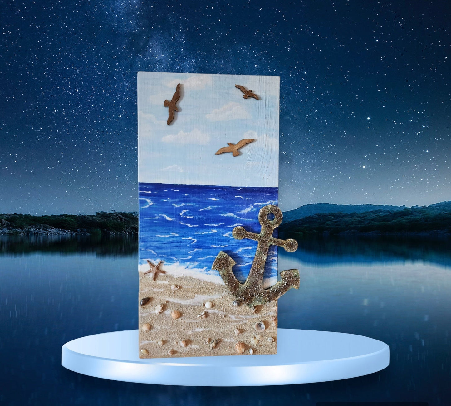 3D Acrylic Hand Painted Anchor  on Natural Wood,