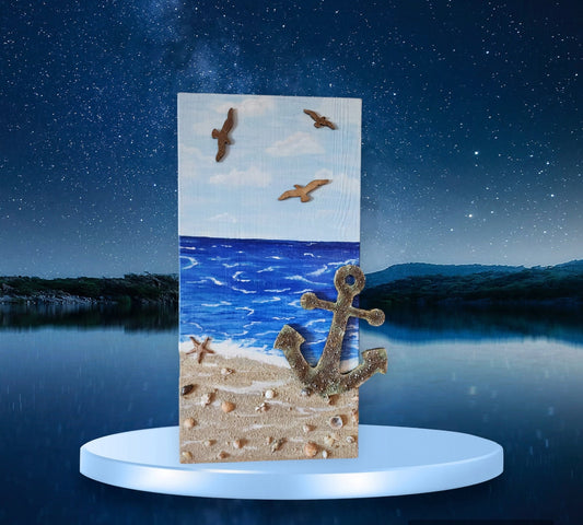 3D Acrylic Hand Painted Anchor  on Natural Wood,