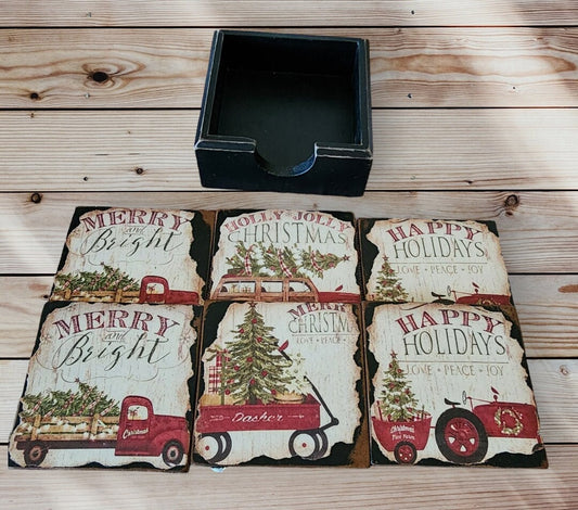 Wood-Painted Coaster Merry Christmas Design, six pcs, Christmas Home and Table Decor, Wood Table Coffee And Tea Coaster.