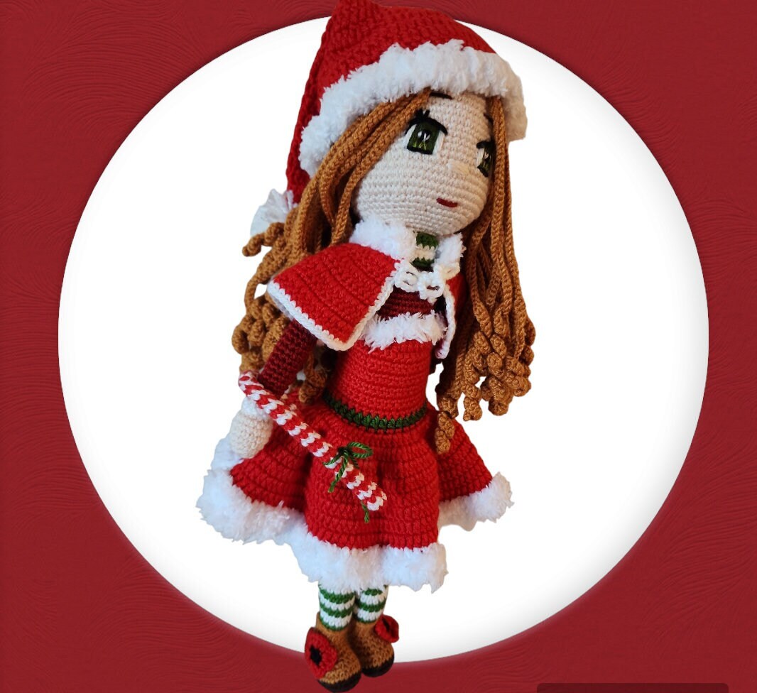 Christmas Amigurumi Girl- Festive Holiday Doll-Large Amigurumi Christmas Girl-Sparkling Eyes and Festive Outfit-Unique 17-Inch Holiday Decor