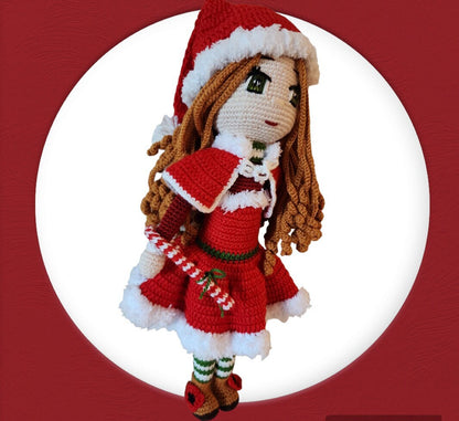 Christmas Amigurumi Girl- Festive Holiday Doll-Large Amigurumi Christmas Girl-Sparkling Eyes and Festive Outfit-Unique 17-Inch Holiday Decor