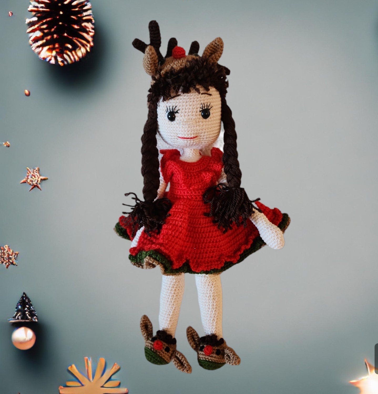 Christmas Amigurumi Girl Reindeer Dress| Reindeer Girl |Christmas Amigurumi | Red Dress Amigurumi Girl Doll