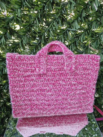 Chic and Versatile Glitter Yarn Handcrafted Bag with Leather Details | Elegant Winter Bags: Felt-Lined with Leather Accents | Handmade Bags