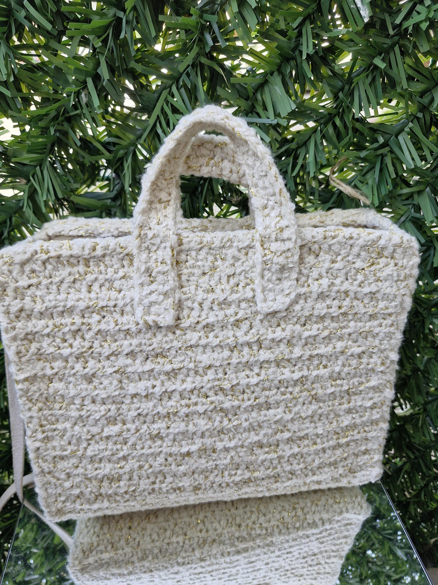 Chic and Versatile Glitter Yarn Handcrafted Bag with Leather Details | Elegant Winter Bags: Felt-Lined with Leather Accents | Handmade Bags
