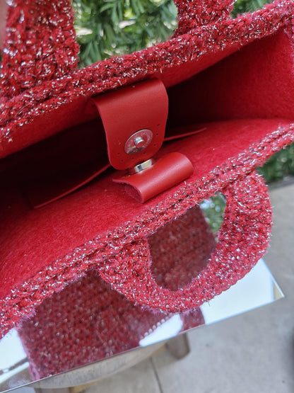 Chic and Versatile Red Handcrafted Bag with Leather Details | Elegant Winter Bags: Felt-Lined with Leather Accents | Handmade Bags