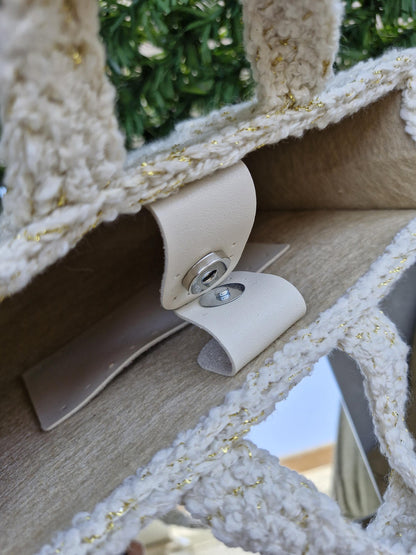 Chic and Versatile Glitter Yarn Handcrafted Bag with Leather Details | Elegant Winter Bags: Felt-Lined with Leather Accents | Handmade Bags