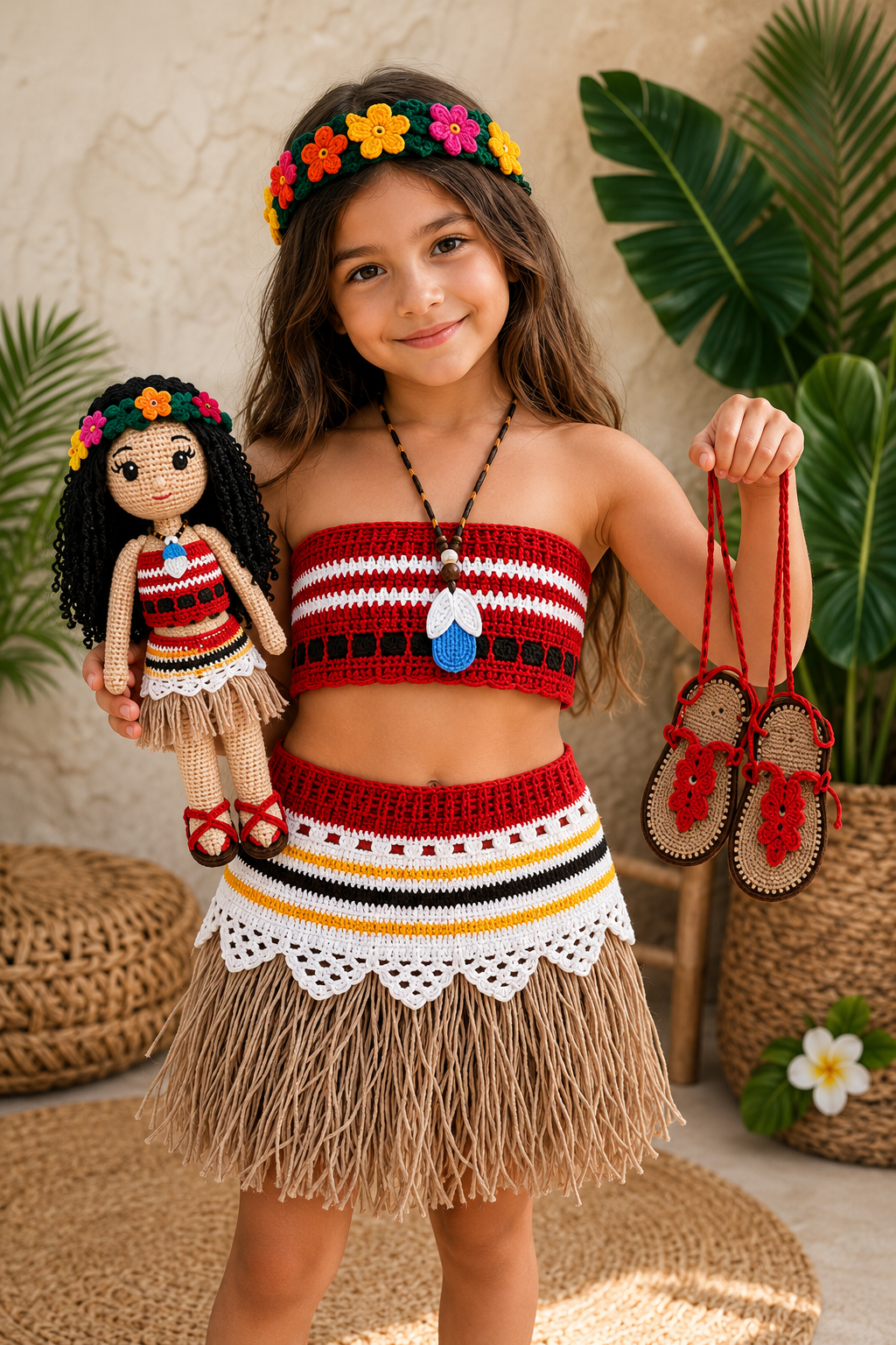 Handmade Crochet Island Princess Costume Set with Amigurumi Doll – 6 Piece Girls Dress Up Outfit