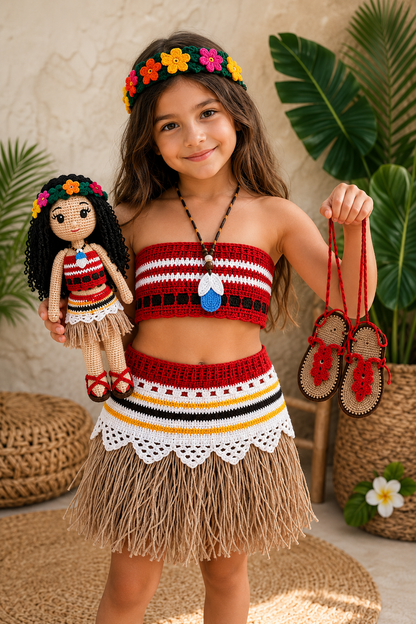 Handmade Crochet Island Princess Costume Set with Amigurumi Doll – 6 Piece Girls Dress Up Outfit