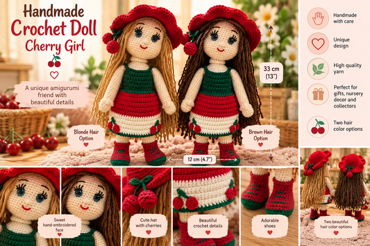 Cherry Girl Handmade Crochet Doll – Amigurumi Nursery Decor, 33 cm