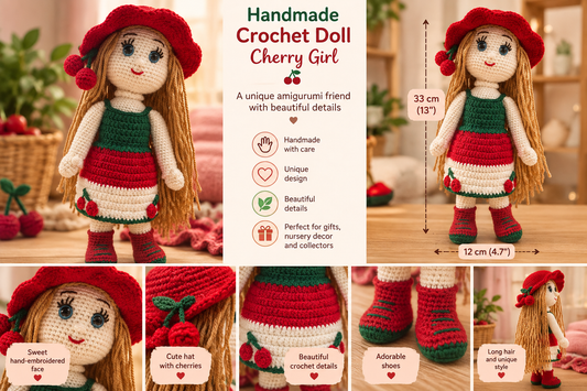 Cherry Girl Handmade Crochet Doll – Amigurumi Nursery Decor, 33 cm