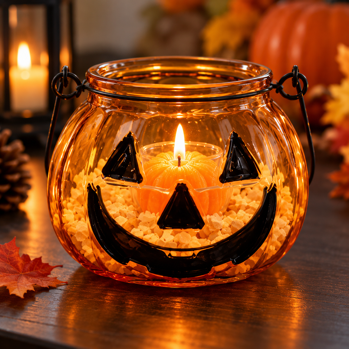 Glass Pumpkin Tealight Holder Set with Pumpkin Candle – Halloween Jack-O’-Lantern Decor