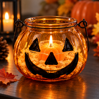 Glass Pumpkin Tealight Holder Set with Pumpkin Candle – Halloween Jack-O’-Lantern Decor