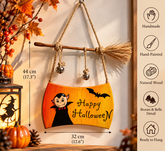Ghost or Dracula   Wooden Halloween Hanging Décor with Broom & Bells HM