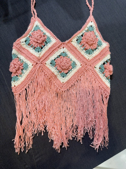 Handmade Crochet 3D Floral Fringe Bustier Top – Boho Festival Crop Top | Mustard, Red & Dusty Pink