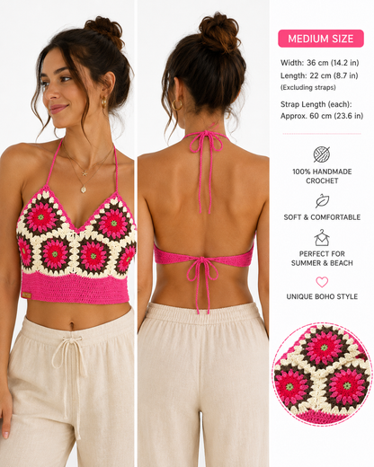 Handmade Crochet Granny Square Bikini Top | Adjustable Halter Boho Bralette | Medium Size | 2 Colors