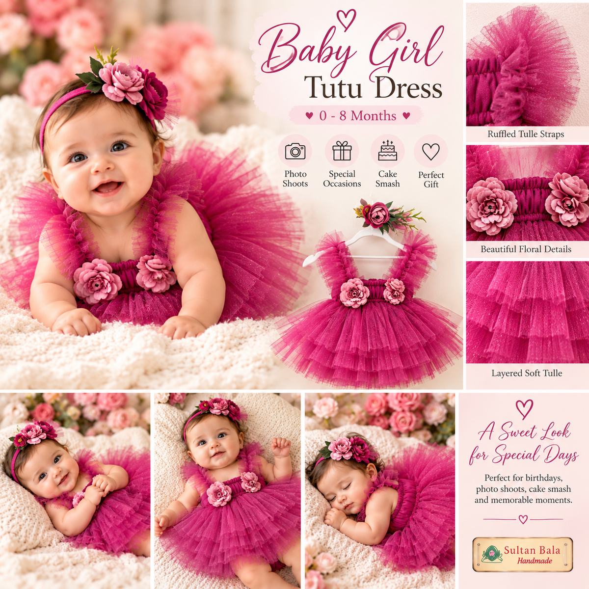 Baby Girl Pink Tutu Skirt & Floral Headband Set