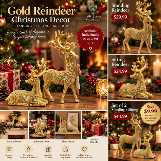 Gold Reindeer Christmas Decor – Standing & Sitting Deer Figurines – Available Individually or Set of 2
