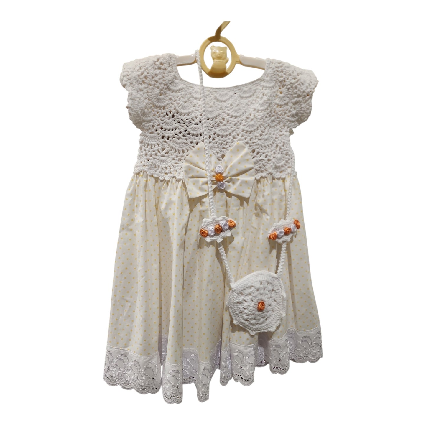 Luxury Handmade Crochet Baby Dress Set – White & Gold | Dress, Purse & Hair Clip