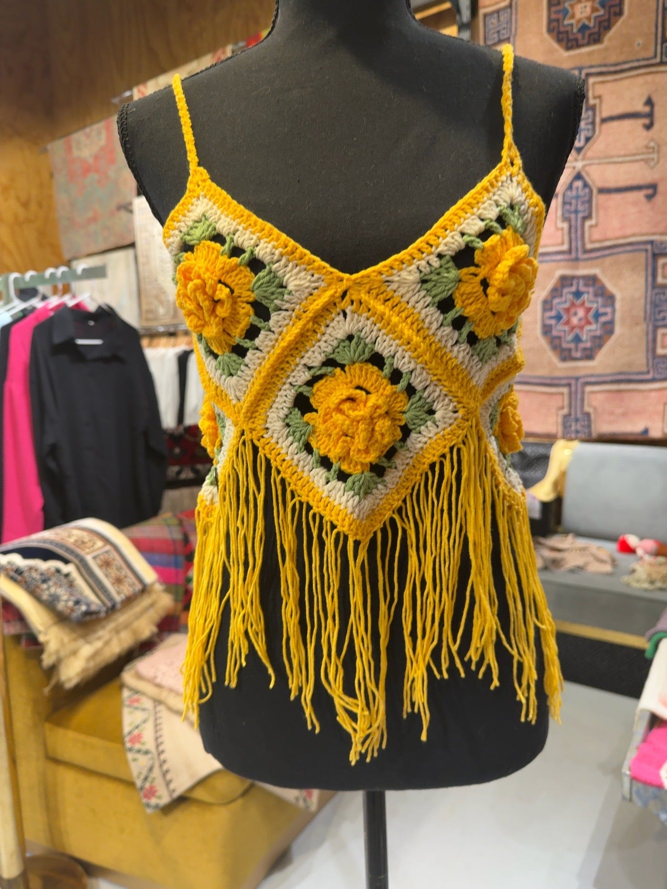 Handmade Crochet 3D Floral Fringe Bustier Top – Boho Festival Crop Top | Mustard, Red & Dusty Pink