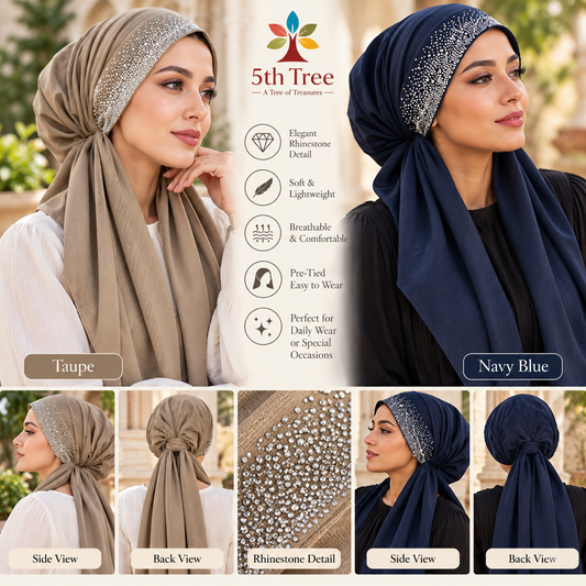 Rhinestone Detail Pre-Tied Headscarf – Elegant Women's Head Wrap