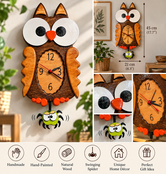 Hand-Painted Wooden Owl Wall Clock with Spider Pendulum