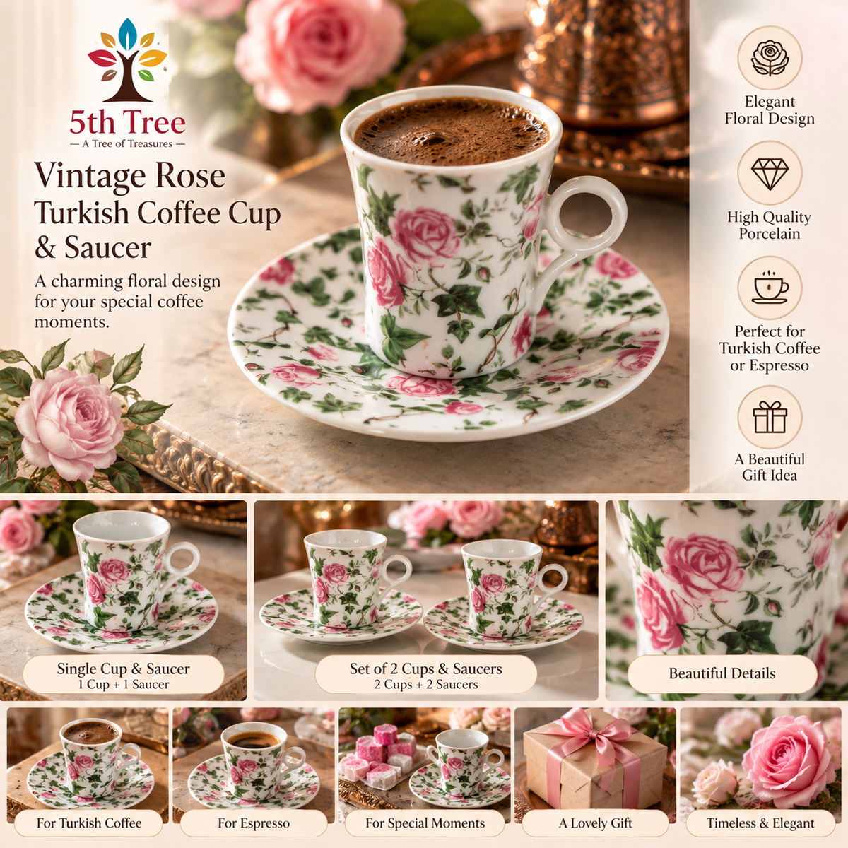 Vintage Rose Porcelain Turkish Coffee Cup & Saucer – Floral Demitasse Cup