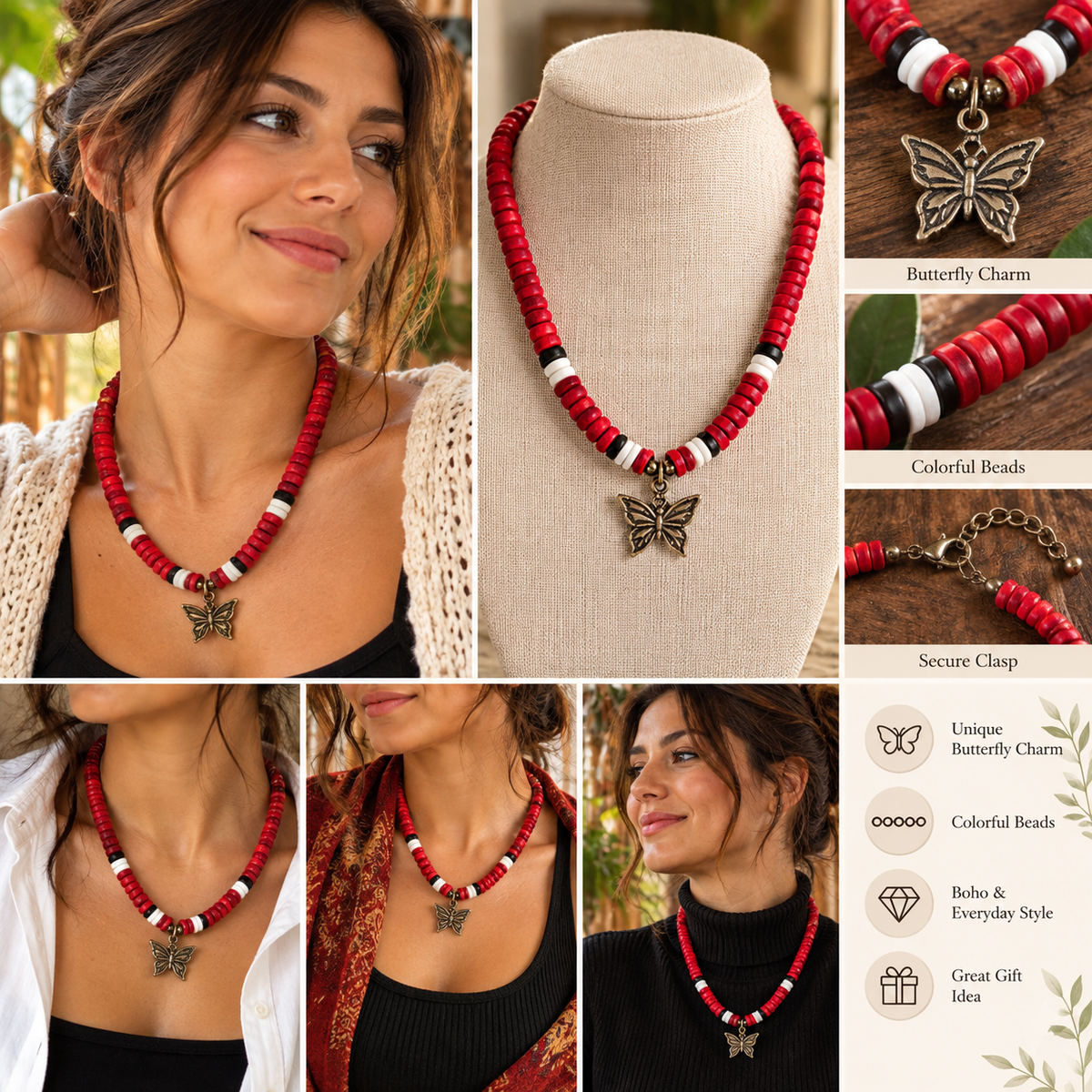 Red Beaded Butterfly Necklace | Boho Statement Jewelry